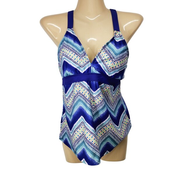 Title Nine Womens Blue Multicolor Chevron Print Tankini Swimsuit Top Size S‎ - Picture 7 of 7